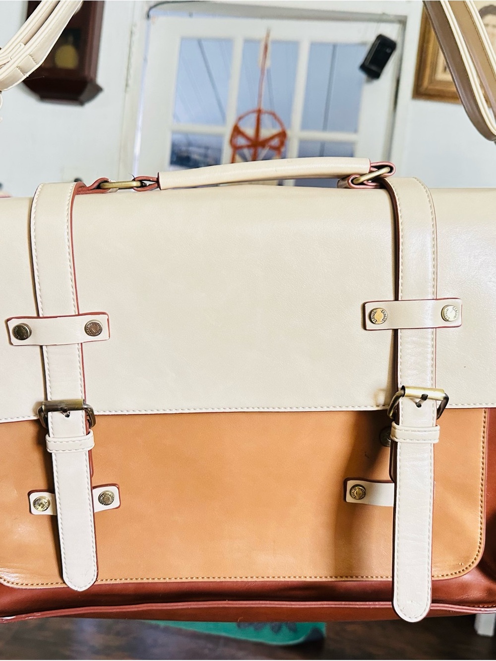 Leather Two-Tone Satchel Bag in Cream and Brown